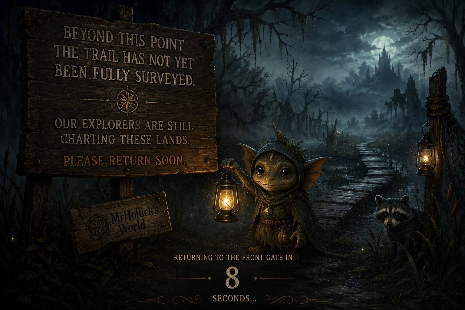 The Lantern Keeper guarding an unfinished trail through the Lantern Marsh